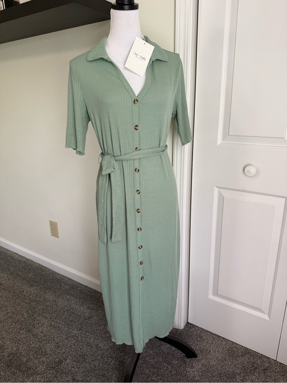 Collared Sage Midi Shirt Dress with Tie Belt
